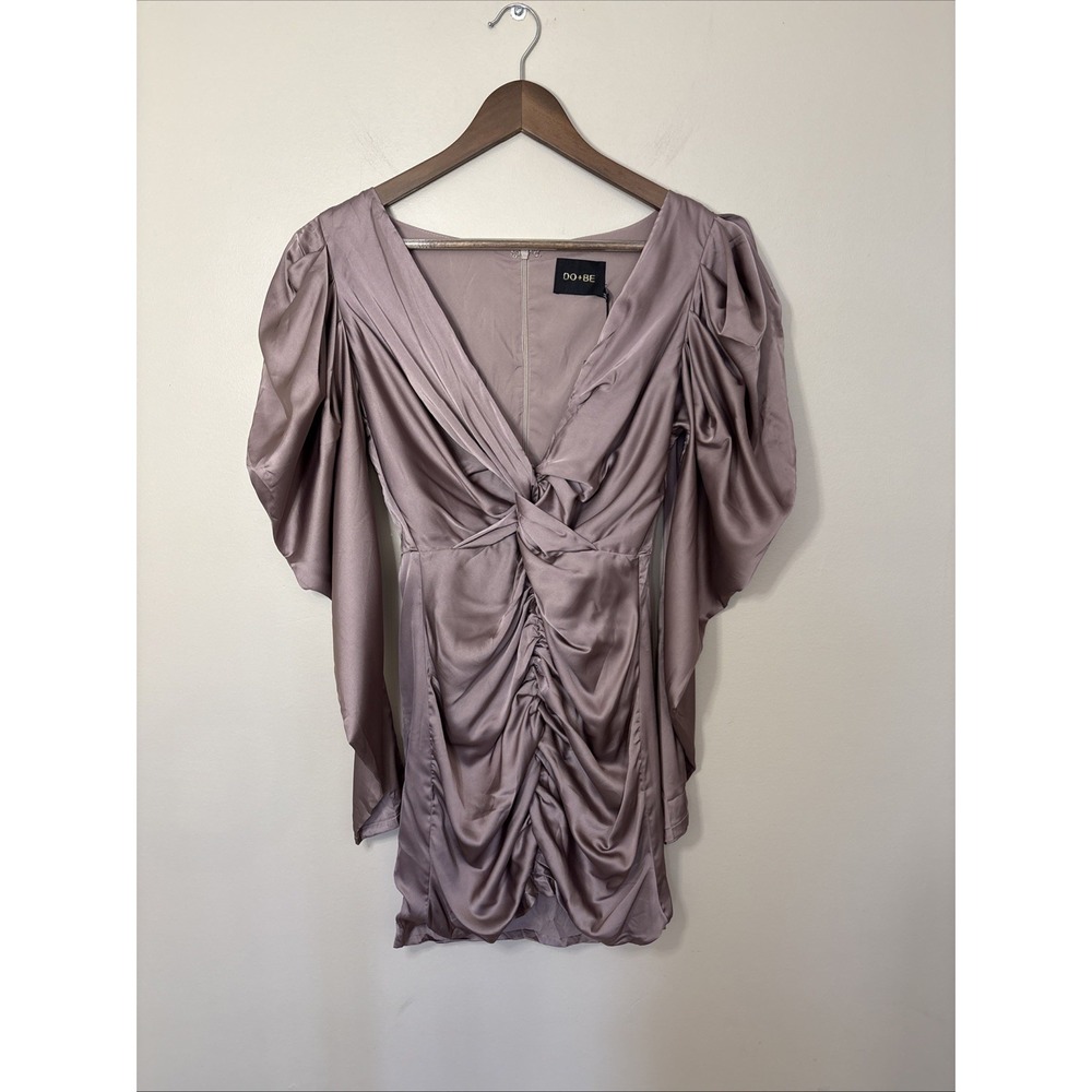 NWT Do + Be Ruched Satin Mini Dress Small‎ Long Statement Puff Sleeve Dusty Pink